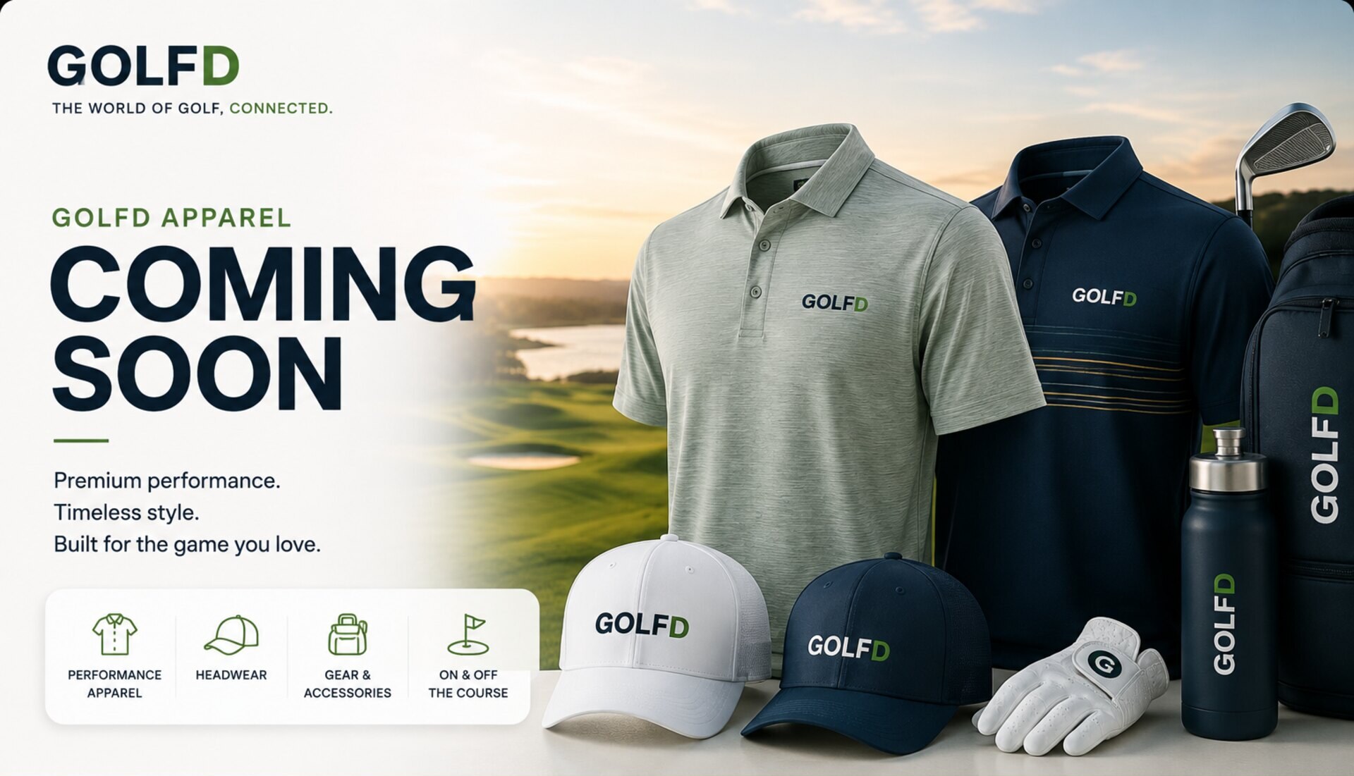 GOLFD apparel collection coming soon — branded polos, caps, gloves and bags